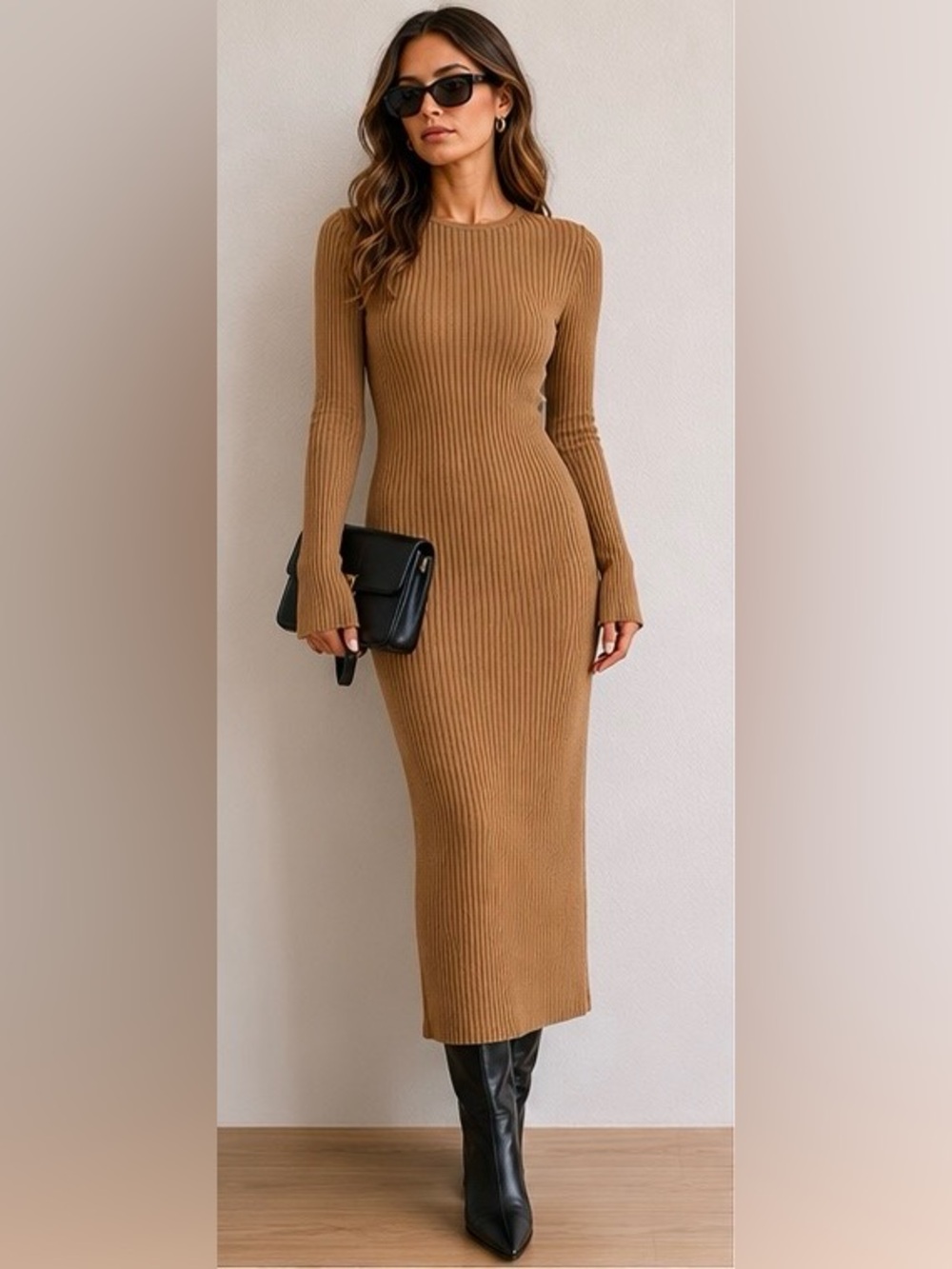 Anine Bing Ribbed Knit Maxi Dress Camel Brown Long Sleeve NWT Large